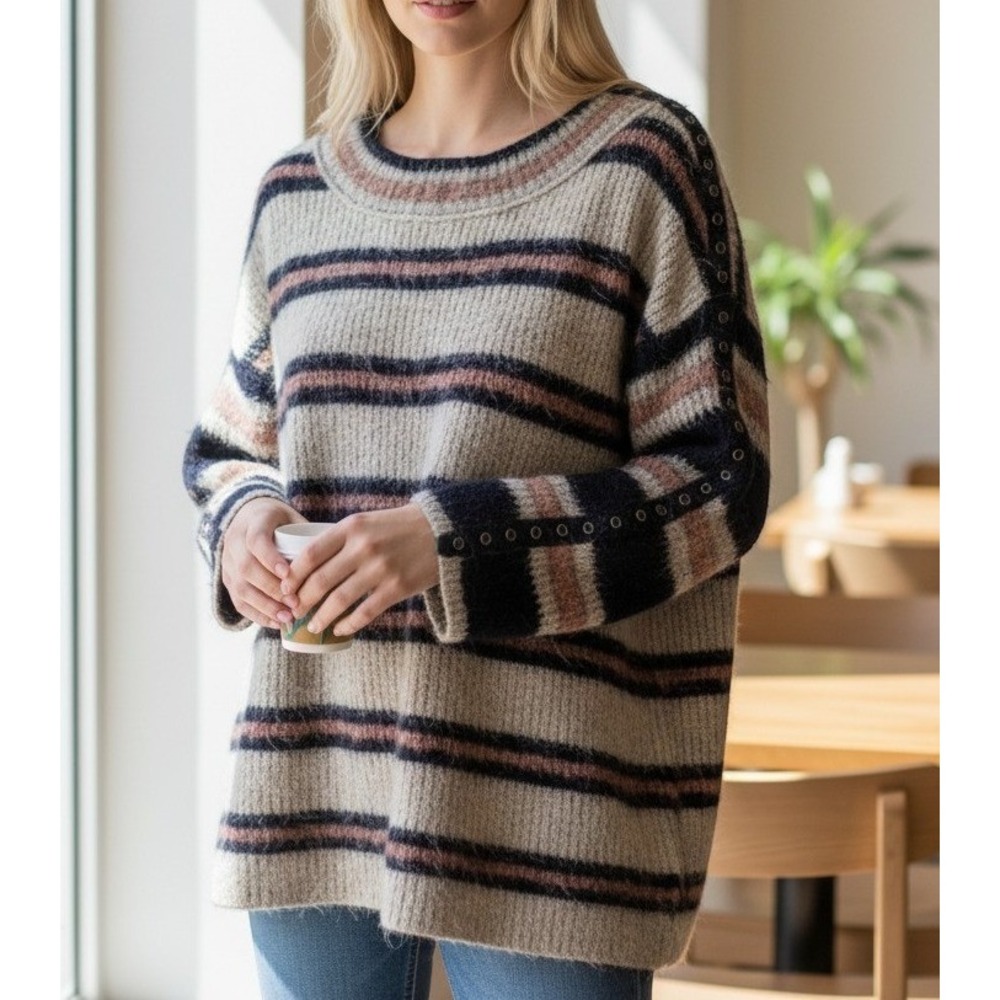 Free People Sid Striped Oversized Tunic Button Detail Sleeve Sweater Cozy Sz XS